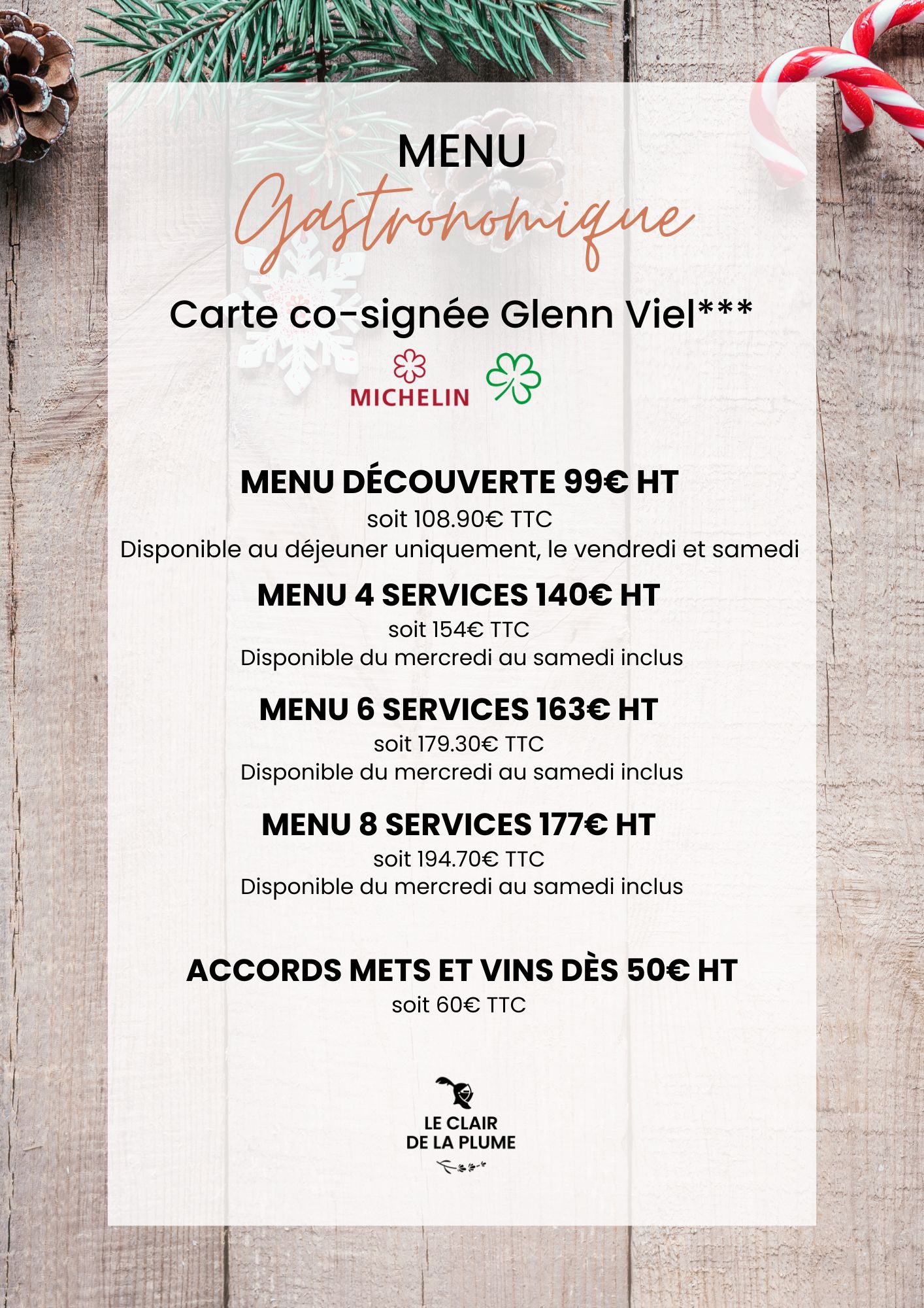 Menu Gastro tarifs Menu Restaurant gastronomique repas fin année entreprise Les Maisons du Clair de la Plume