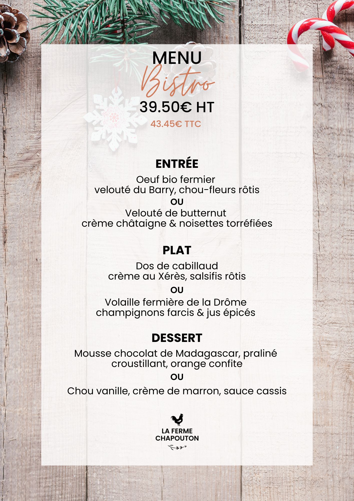 Menu groupe Bistrot 39.50€ Menu Bistrot Repas fin année Les Maisons du Clair de la Plume