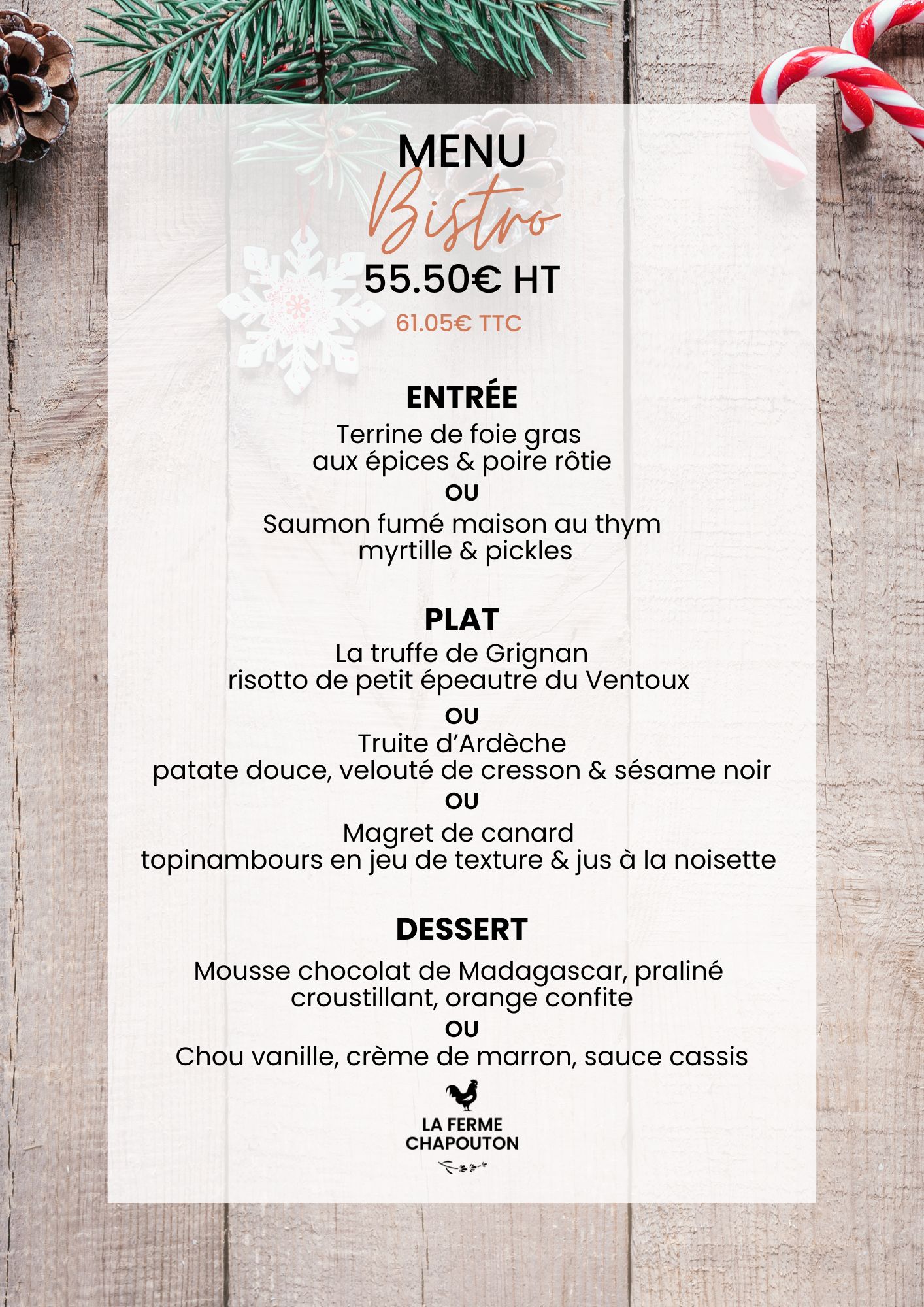 Menu groupe Bistrot 55.50€ Menu Bistrot 2 Repas fin année Les Maisons du Clair de la Plume